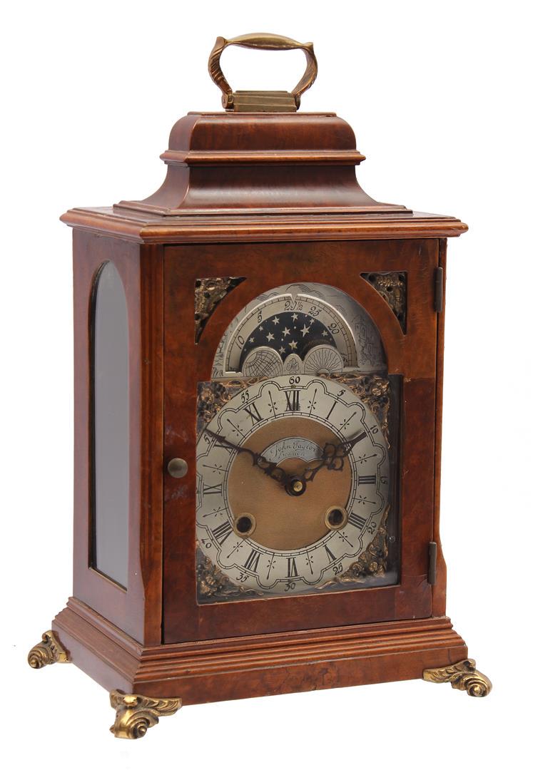 John Taylor London table clock: John Taylor London table clock with moon phase, in walnut case 39 cm high, 24 cm wide