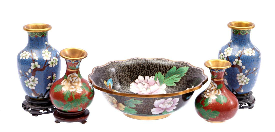 Cloissone bowl and 4 vases (1 of 1)
