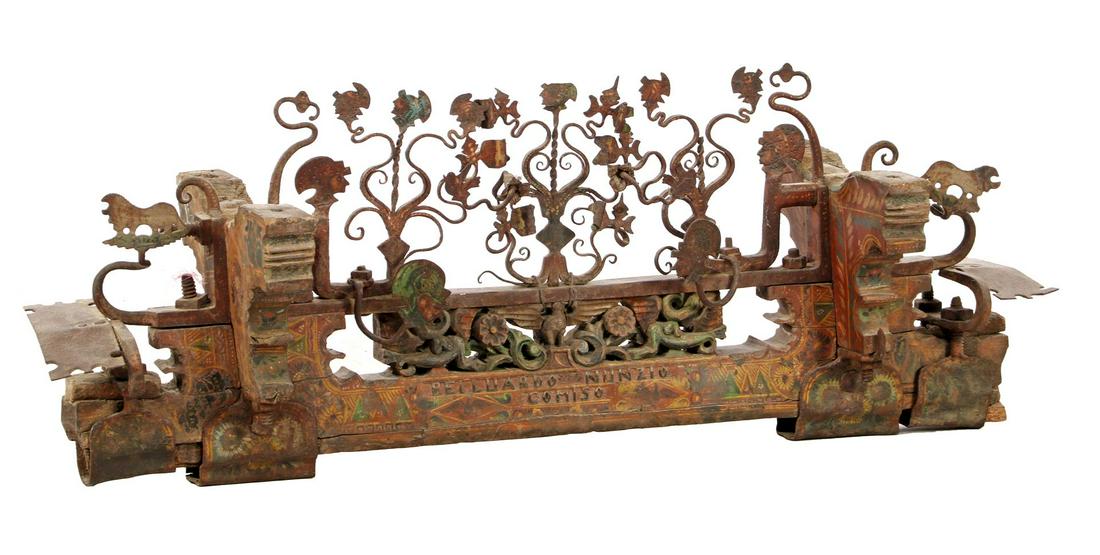 Sicilian wooden painted wagon: Sicilian wooden painted wagon bulkhead with beautiful wrought iron work, 19th century 103 cm wide