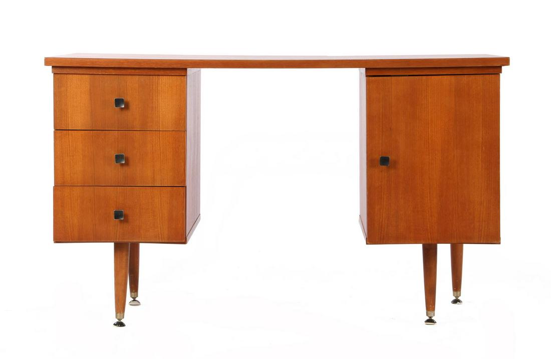 1960s teak veneer desk: 1960s teak veneer desk with 3 drawers and door, produced by MDK Belgium, 72 cm high and top size 120x59 cm