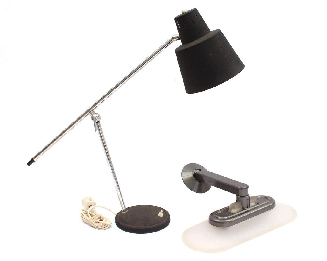 2mid-century lamps: 2mid-century lamps, metal adjustable desk lamp approx. 50 cm high, metal Arteluce wall lamp with glass Murano shade, design Perry King, model Jill, 37 cm wide