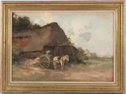 Willem George Frederik Jansen (1871-1949): Willem George Frederik Jansen (1871-1949)Dutch landscape with worker with horse and wagon at a barn, panel 32x46 cm