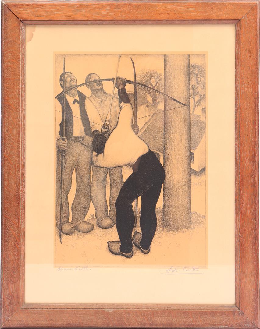 Anto Carte (1886-1954): Anto Carte (1886-1954)Crossbow match with 3 men in a village, lithograph, signed in pencil lower right, Epreuve de artist lower left, 49x35 cm in an oak frame, outer dimensions 75x60 cm