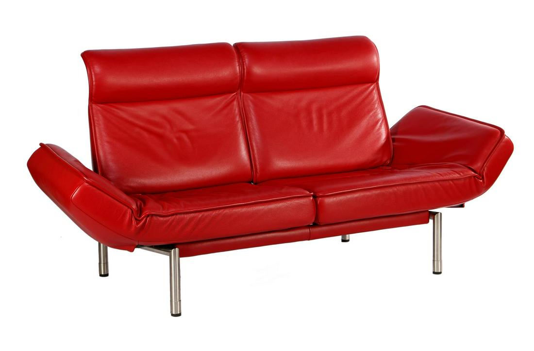 De Sede DS 450 2-seater sofa: Red leather adjustable De Sede DS 450 2-seater sofa with chromed metal base, widest arrangement 233 cm
