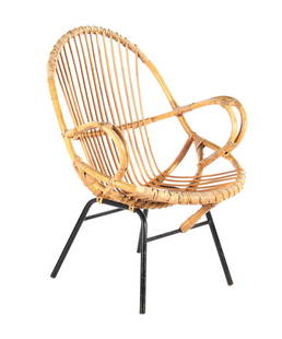 Rattan armchair: Rattan armchair with blackened metal base, presumably Rohe Noordwolde, 1960s