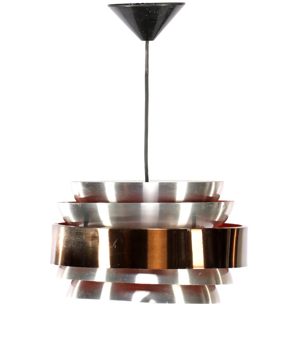 Aluminum 1960s hanging lamp: Aluminum 1960s hanging lamp with orange inside in the style of Carl Thore, 30 cm diameter