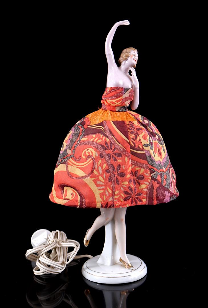 Porcelain half doll table lamp: Porcelain half doll table lamp with textile dress, 38 cm high