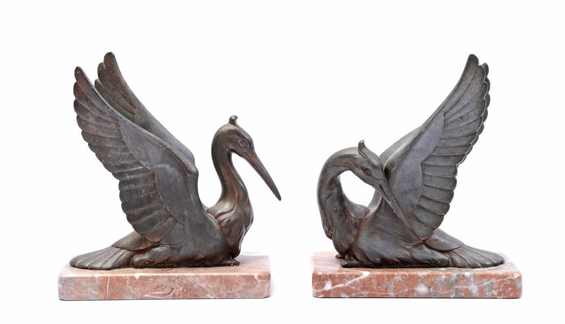 2 metal Art Deco birds on marble pedestals (1 of 1)