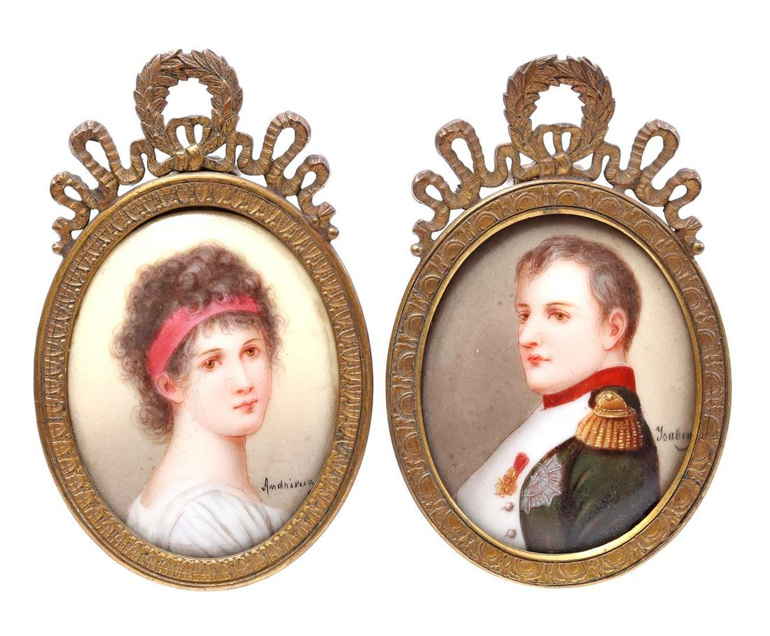 Oval portrait of Napoleon and Madame RÃ©camier: Oval portrait of Napoleon and oval portrait of Madame RÃ©camier, porcelain 5.5x4.5 cm, in Empire bow frame 8x5 cm