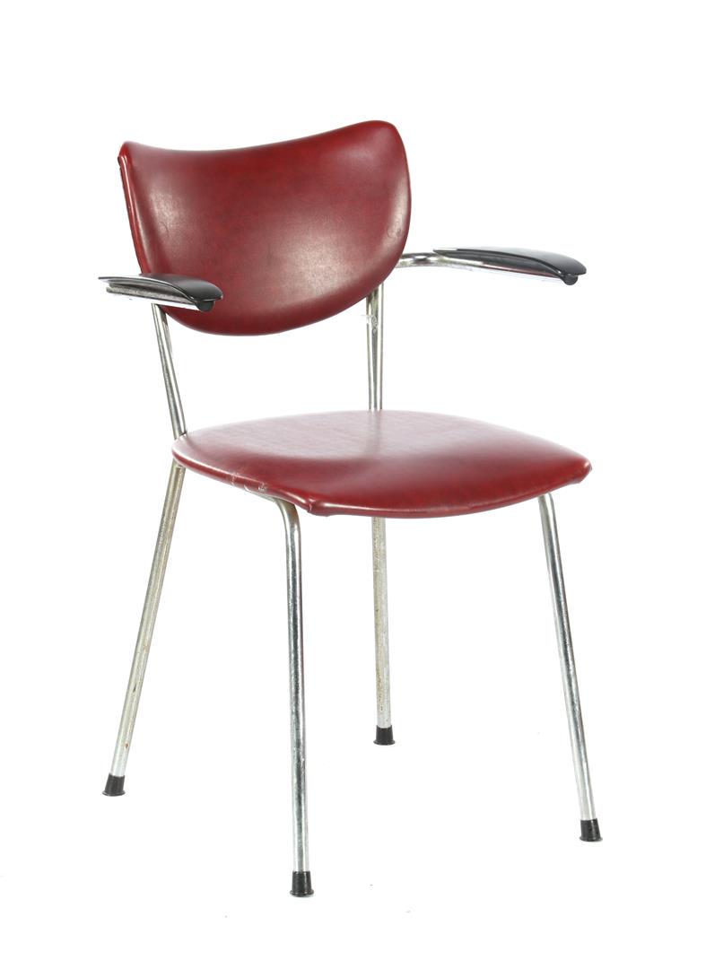 Tubular frame office chair with red skai back: Tubular frame office chair with red skai back and seat and bakelite armrests, marked under the seat with sticker De Wit Schiedam