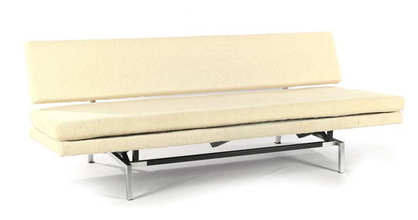 Martin Visser  (1922-2009) Cream-coloured sofa bed: Martin Visser (1922-2009)Cream-coloured sofa bed with chromed metal base, design Martin Visser for 't Spectrum, presumably model BZ53, Netherlands design period 1964-1971, 195 cm wide