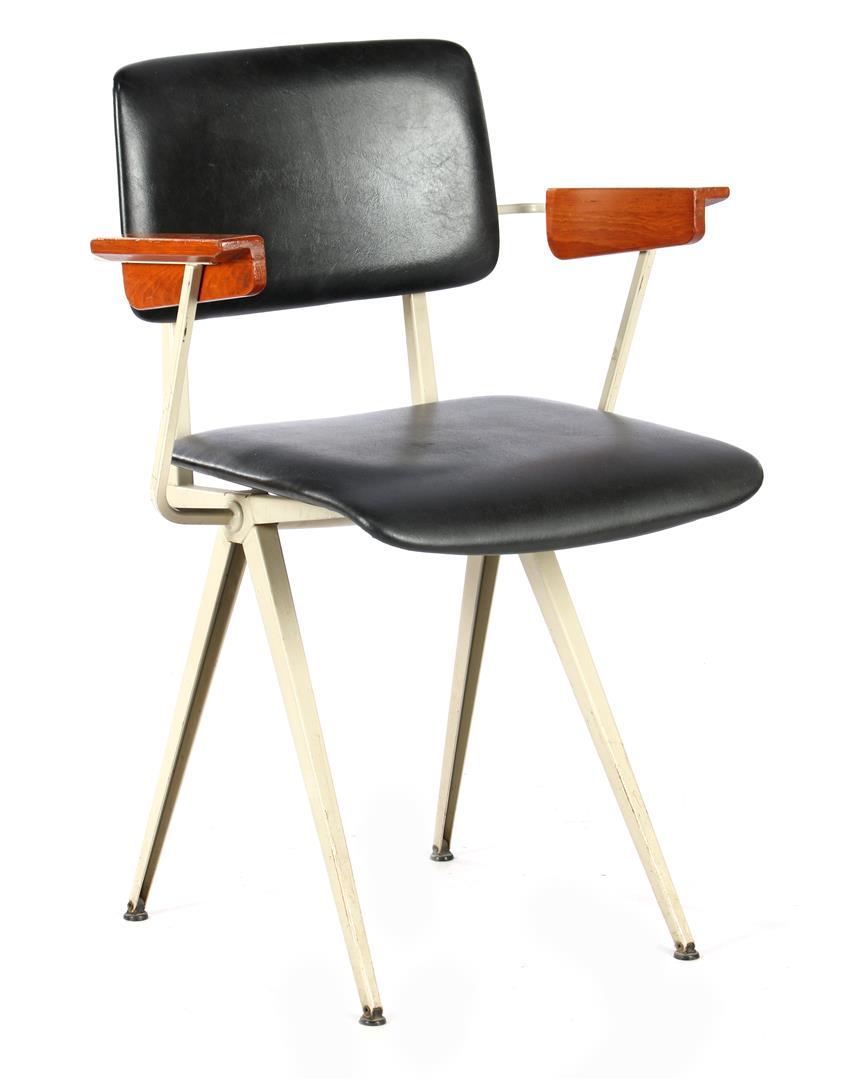 Design Compas gray iron armchair for Marko: Design Compas gray iron armchair for Marko, with black skai back and seat and teak armrests