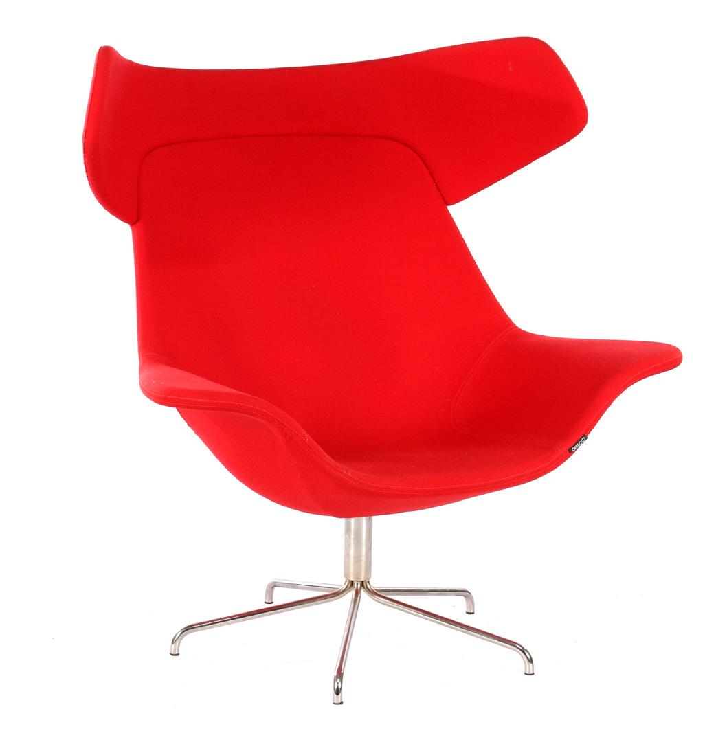Michael Sodeau (1969-) Red upholstered lounge armchair (1 of 2)