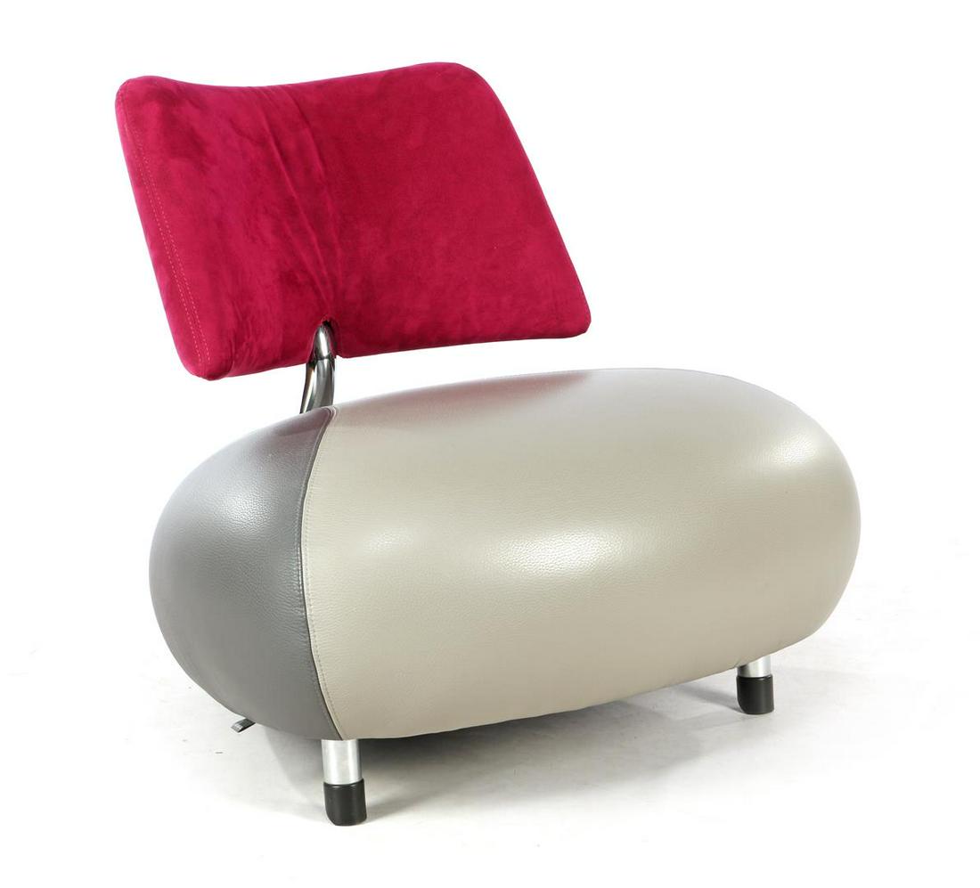 Roy de Scheemaker (1960-) Gray with beige leather: Roy de Scheemaker (1960-)Gray with beige leather recliners, red suede backrest, on a chromed metal frame, design Roy de Scheemaker for Leolux, model Pallone, the Netherlands, late 20th century