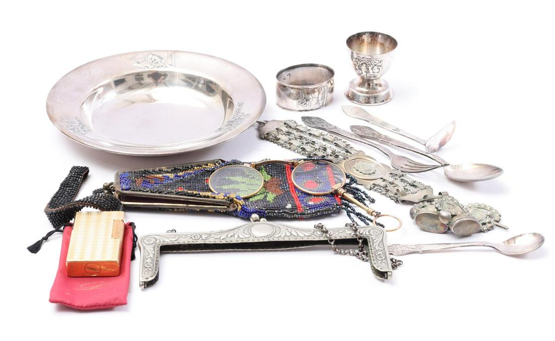 Lot Gero silver plated, St. Dupont: Lot Gero silver plated, St. Dupont lighter and brass gold plated glasses in case