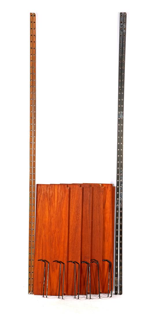 Poul Cadovius (1911-2011): Poul Cadovius (1911-2011)Teak veneer wall system parts b.u.4 (blackened) wall slats 203 cm high and 5 shelves 80 cm wide and 24 cm deep and 12 blackened metal shelf supports, design Poul Cadovius for