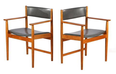 Kurt Ostervig (1912-1986): Kurt Ostervig (1912-1986)2 teak armchairs with taupÃ© leather back and seat, attributed design Kurt Ostervig for Sibast Furniture, with designation Danish Furniture Makers, Denmark 1960s