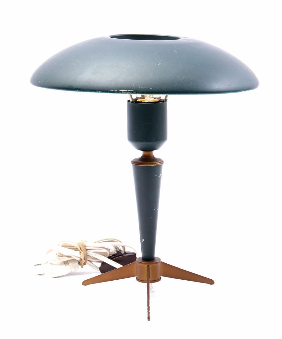 Louis Christiaan Kalff (1897-1976): Louis Christiaan Kalff (1897-1976)Green and gold lacquered aluminum table lamp, design Louis Kalff for Philips, model Bijou, Netherlands 1950s, 33 cm high