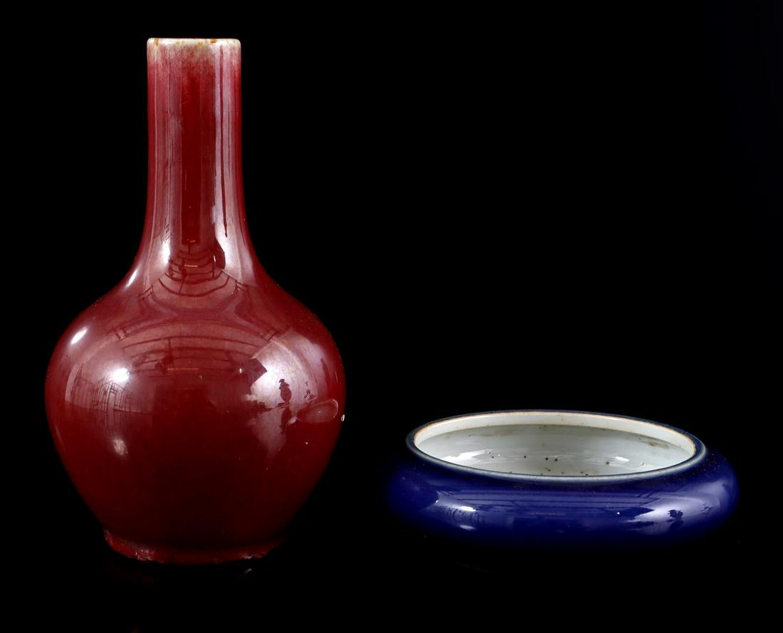 Sang de Boeuf pipe vase and porcelain dish (1 of 2)