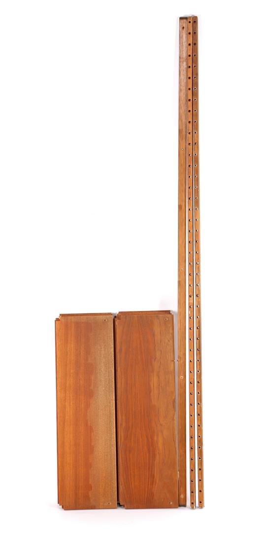 Poul Cadovius (1911-2011): Poul Cadovius (1911-2011)Teak veneer wall system b.u. 3 wall slats 203 cm high and 10 shelves (1 not original and slightly smaller) 80 cm wide and 24 cm deep and 22 blackened metal shelf supports, des