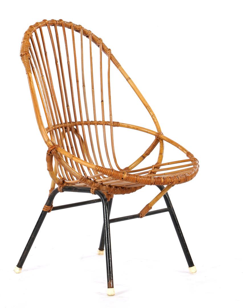 Gebr. Jonkers/van Sliedregt: Rattan bucket seat on blackened metal base, Gebr. Jonkers/van Sliedregt, Netherlands 1960s