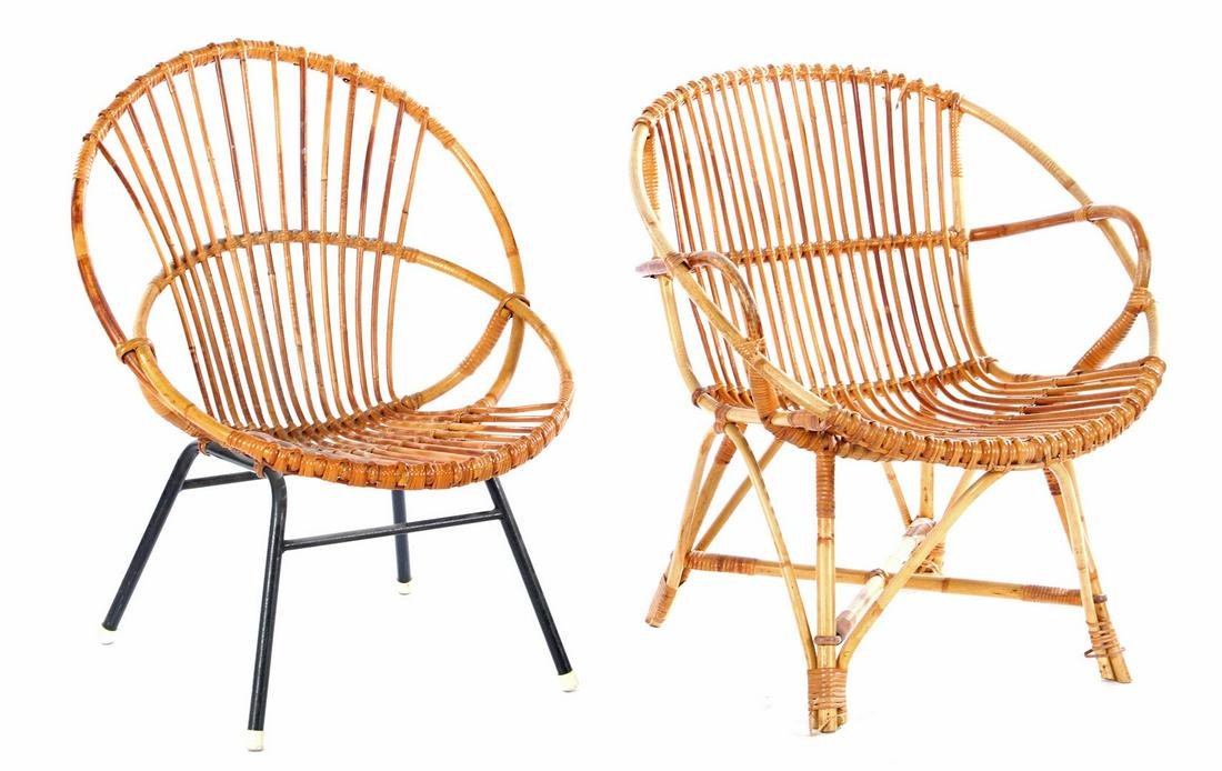 2 rattan bucket seats: 2 rattan bucket seats, 1 with blackened metal base, design Gebr. Jonkers/Dirk van Sliedregt, Netherlands 1960s