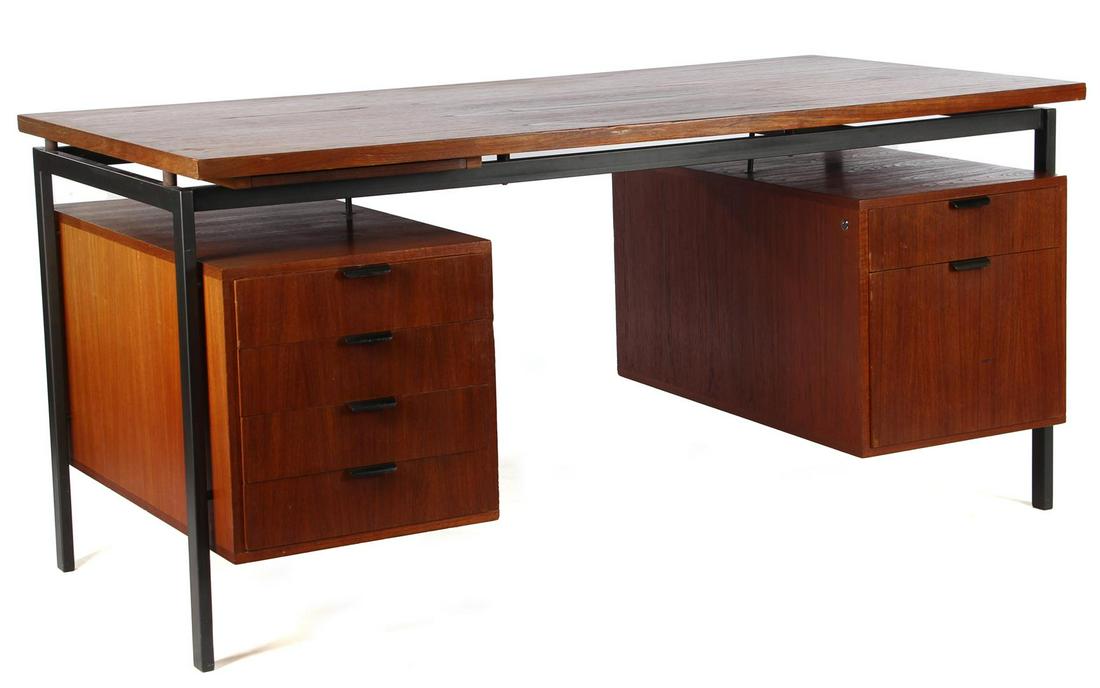 Teak veneer desk: Teak veneer desk with birch drawers, Netherlands 1960s/70s, 76 cm high, 159 cm wide and 80 cm deep