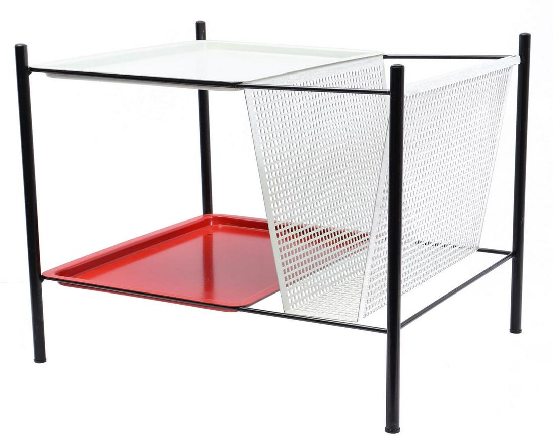 Tjerk Reijenga: Tjerk ReijengaPolychrome metal magazine rack, design Tjerk Reijenga for Pilastro, Netherlands 1950s, 36 cm high, 45 cm wide, 37 cm deep