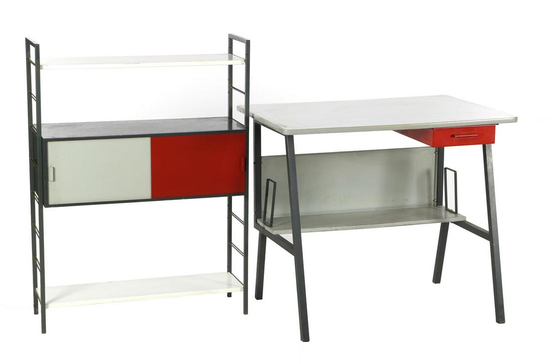 Tjerk Reijenga: Tjerk ReijengaMetal 1-drawer desk with wall rack and sliding door cabinet, design Tjerk Reijenga for Pilastro, the Netherlands, 1950s, desk 77.5 cm high and top size 90x60 cm
