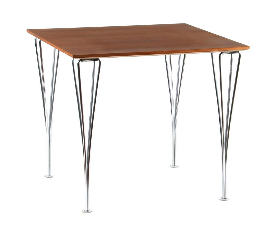 Arne Jacobsen: Arne Jacobsen (1902-1971)Dining room table with chromed metal hairpin legs, design Arne Jacobsen for Fritz Hansen, model '4500', Denmark 2005, marked on the bottom, 70.5 cm high and top size 80x80 cm