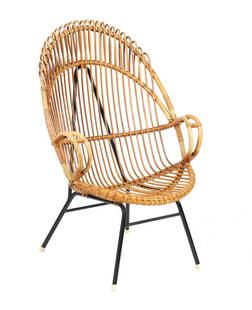 Rattan armchair: Rattan armchair with blackened metal frame, Rohe Noordwolde, 1970s