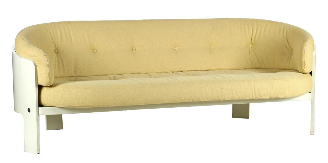 Hans Ell: Hans EllWhite lacquered wooden 2.5-seater sofa with yellow upholstery, design Hans Ell for 't Spectrum, model 'BZ49', Netherlands, second half of the 20th century, 187 cm wide