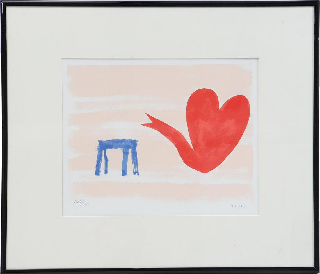Klaas Gubbels: Klaas Gubbels (1934-)Table and coffee pot in the shape of a heart, color lithograph dated 2005, 106/200, 22x30 cm, outer size 41x51 cm