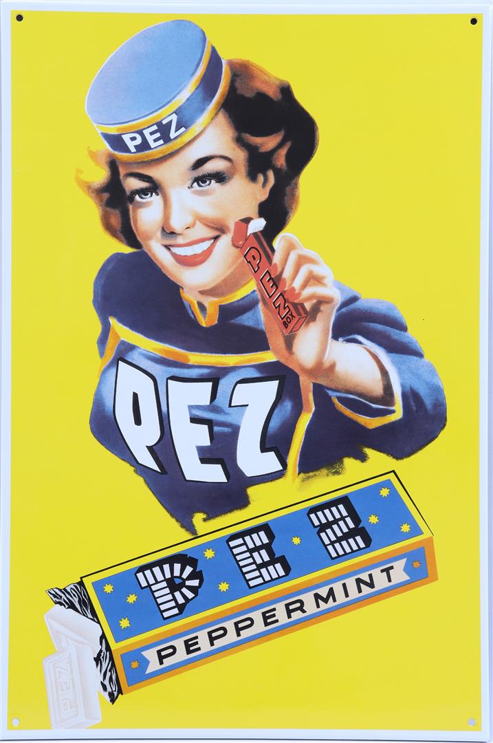 Iron billboard: Iron billboard with the inscription 'PEZ peppermint' with on the reverse 'Smalt BRNO - copyright Ed. Hare Austria 1969' 61x41 cmProceeds benefit the KWF (Queen Wilhelmina Fund) Cancer Control