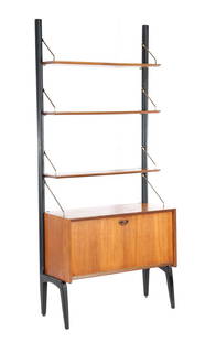 Louis van Teeffelen: Louis van Teeffelen (1921-1972)Modular teak veneer cabinet with 3 bevelled shelves and flap cabinet, supported by blackened uprights with brass shelf supports, design Louis van Teeffelen for WÃ©BÃ�