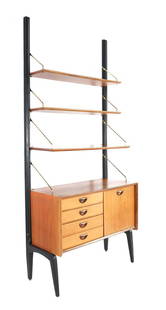 Louis van Teeffelen: Louis van Teeffelen (1921-1972)Modular teak veneer cabinet with 3 bevelled shelves and 4-drawer cabinet with flap, supported by blackened uprights with brass shelf supports, design Louis van Teeffelen