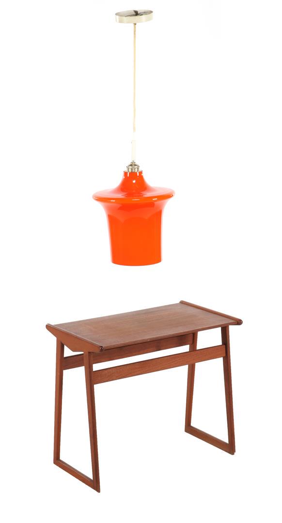 Side table and orange lamp: Teak side table and orange opaline hanging lamp, excluding cord 30 cm high
