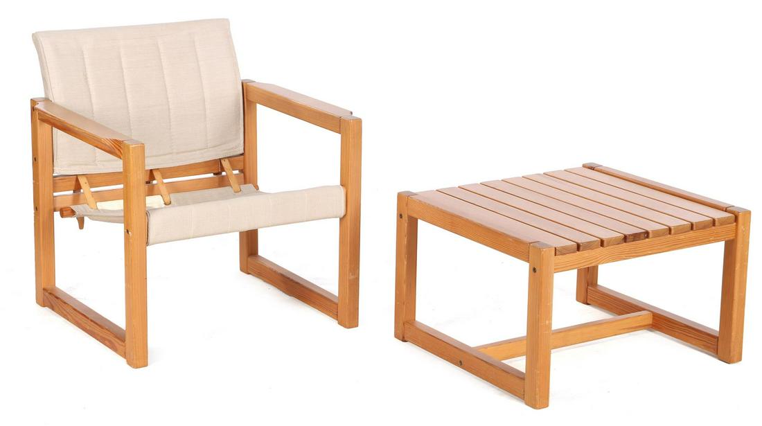 Karin Mobring: Karin Mobring (1927-2005)Spruce armchair with canvas upholstery, design Karin Mobring for IKEA, model 'Diana', Sweden 1970s, and coffee table 38 cm high and table top size 62x57 cm