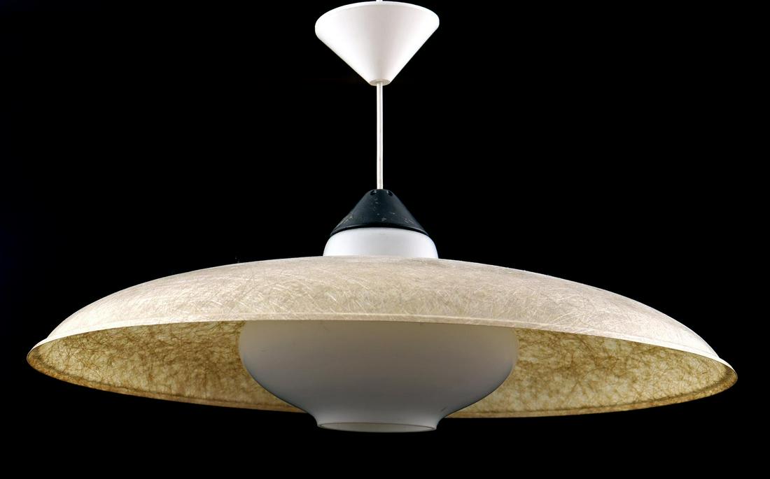 Louis Christiaan Kalff: Louis Christiaan Kalff (1897-1976)Round fiberglass hanging lamp with opaline shade, attributed design Louis Kalff for Philips, 62 cm diameter