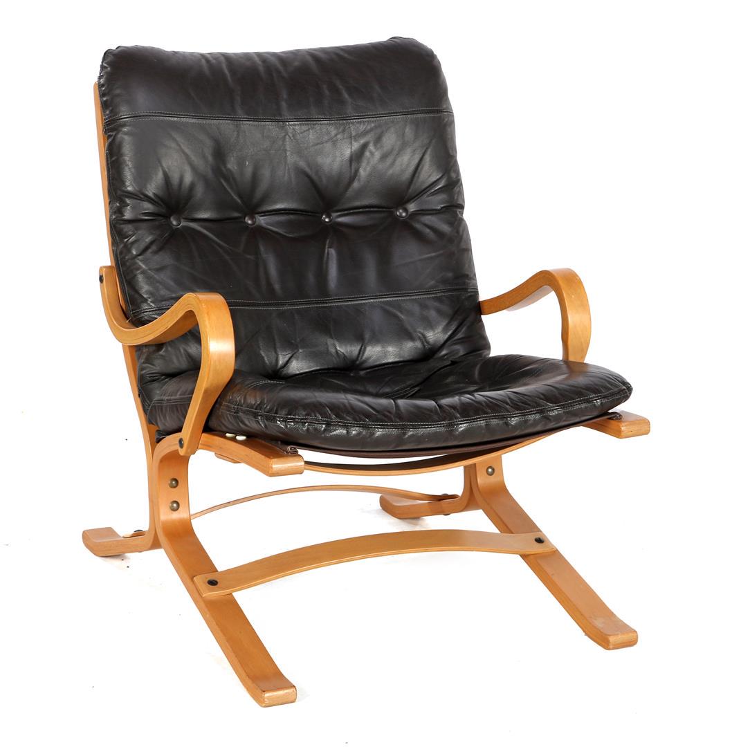 Armchair: Laminated beech wood armchair with brown leather cushions, in the style of Bruno Mathsson