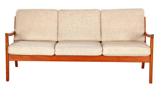 Ole Wanscher: Ole Wanscher (1903-1985)Teak 3-seater sofa with sand-coloured cushions, design Ole Wanscher for P. Jeppesen, 'Senator series', stickered inside back, Denmark second half 20th century, 181 cm wide