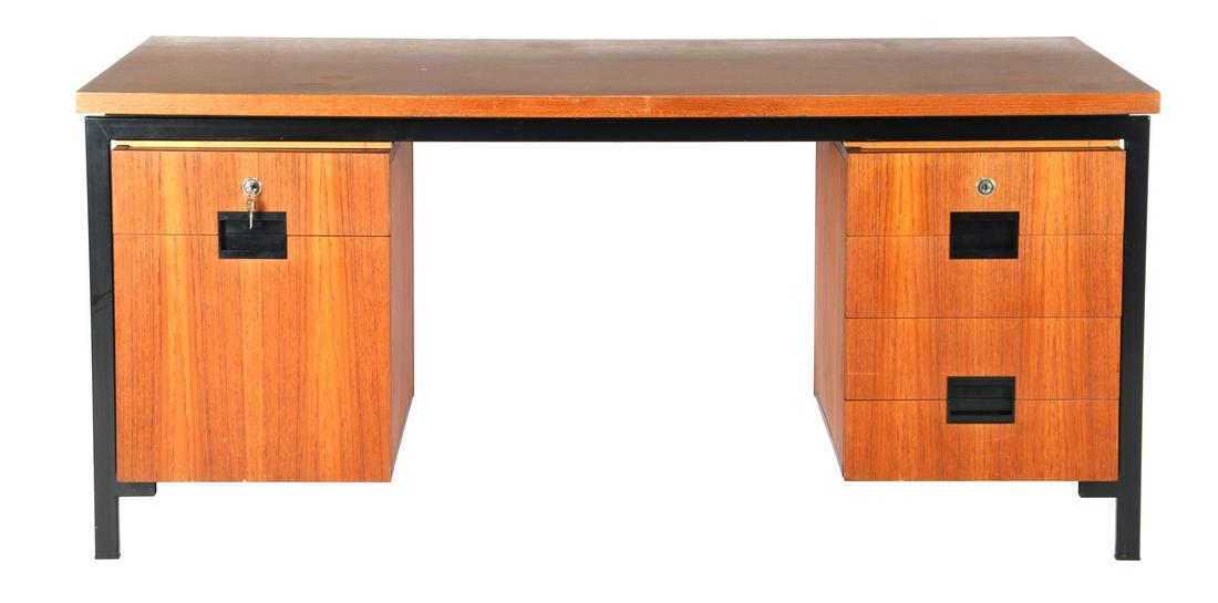 Cees Braakman: Cees Braakman (1917-1995)Teak veneer desk on blackened metal base with 2 drawer units with curved drawers and filing drawer, design Cees Braakman for Pastoe, 'U+N' series, Netherlands design year 1955