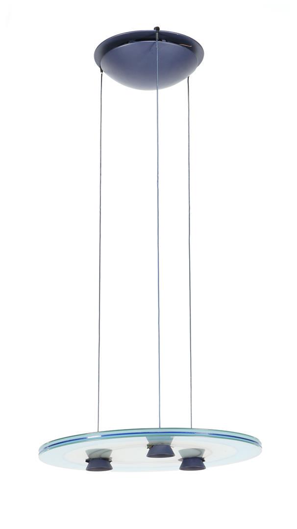 Perry King: Perry KingAdjustable glass round hanging lamp, design Perry King for Arteluce, model 'Aurora 1040', marked, Italy 1970s/80s, 60 cm diameter