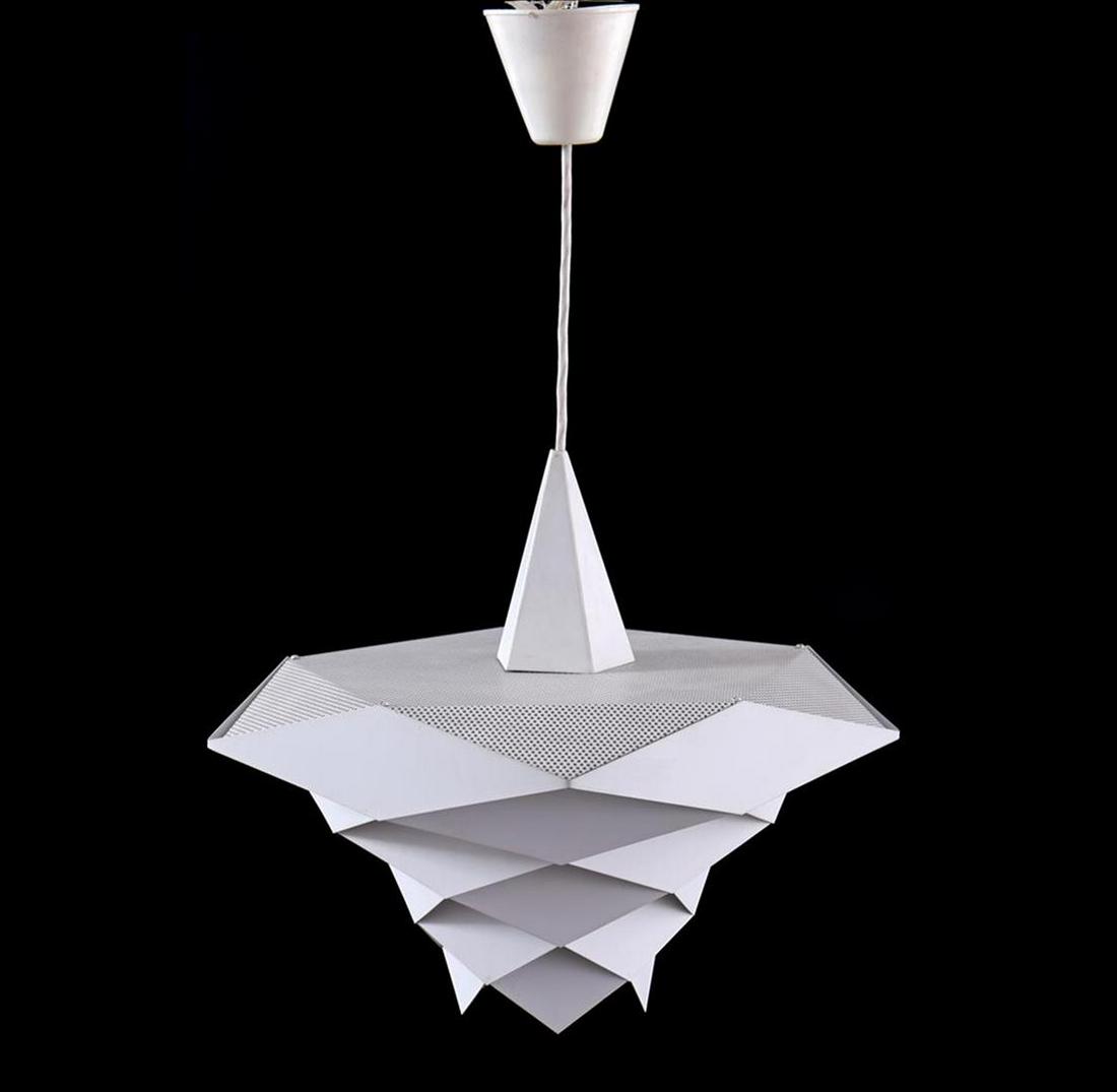 Preben Dal: Preben Dal (1929-1980)Minimalist white metal hanging lamp with perforated top, design Preben Dal for Hans Folsgaard, model 'Symfoni series', Denmark 1950s & 60, 60 cm high