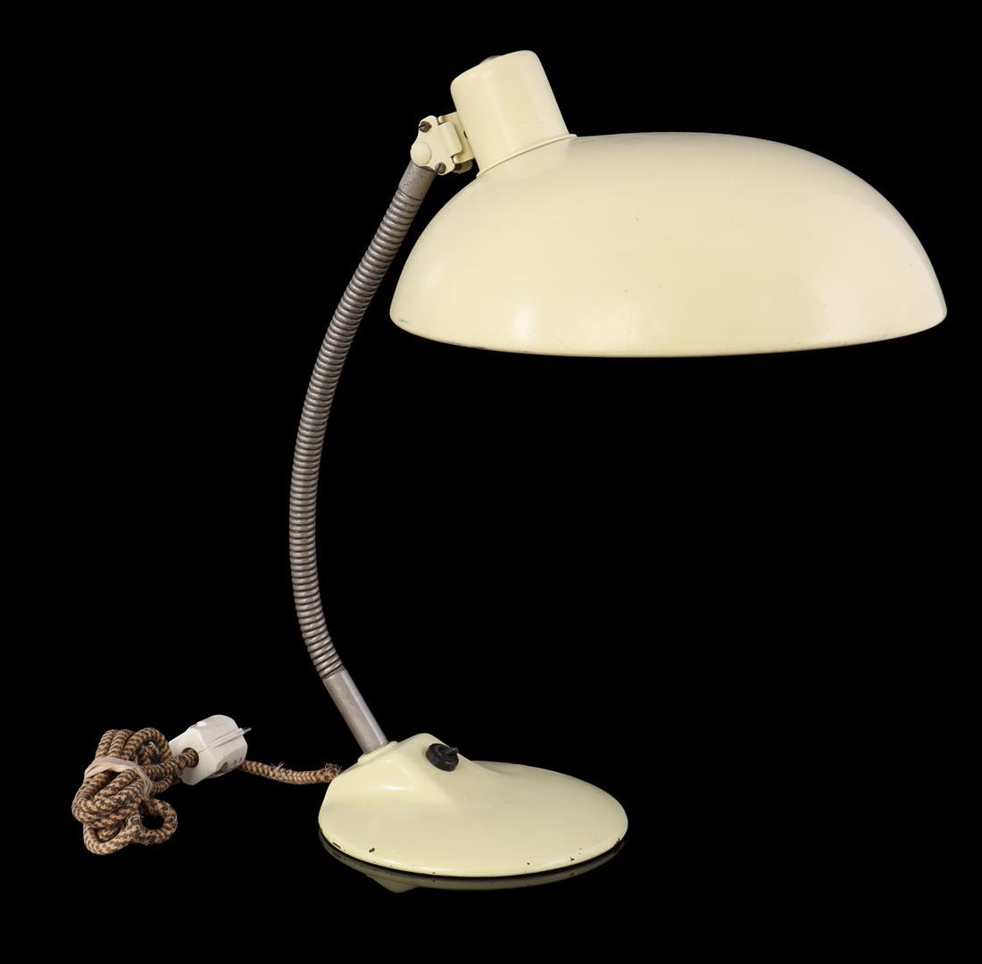 VAS Femipari Szarvasi, Hungary: Adjustable desk lamp with cream base and shade, manufactured by VAS Femipari Szarvasi, Hungary 1950s, approx. 46 cm high