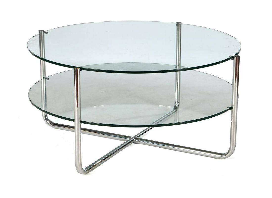 Dutch Originals: Chromed tubular frame coffee table with 2 glass plates, version Dutch Originals - Meubelfabriek Gebr. van der Stroom, model 'Gispen today 417', Netherlands 21st century, 46 cm high and leaf size 88 cm
