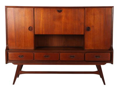 Louis van Teeffelen: Louis van Teeffelen (1921-1972)Teak veneer wall cabinet with 2 doors, flap cabinet, open compartment section and 4 drawers with so-called 'smile faces' handles, standing on tapered legs, design Louis