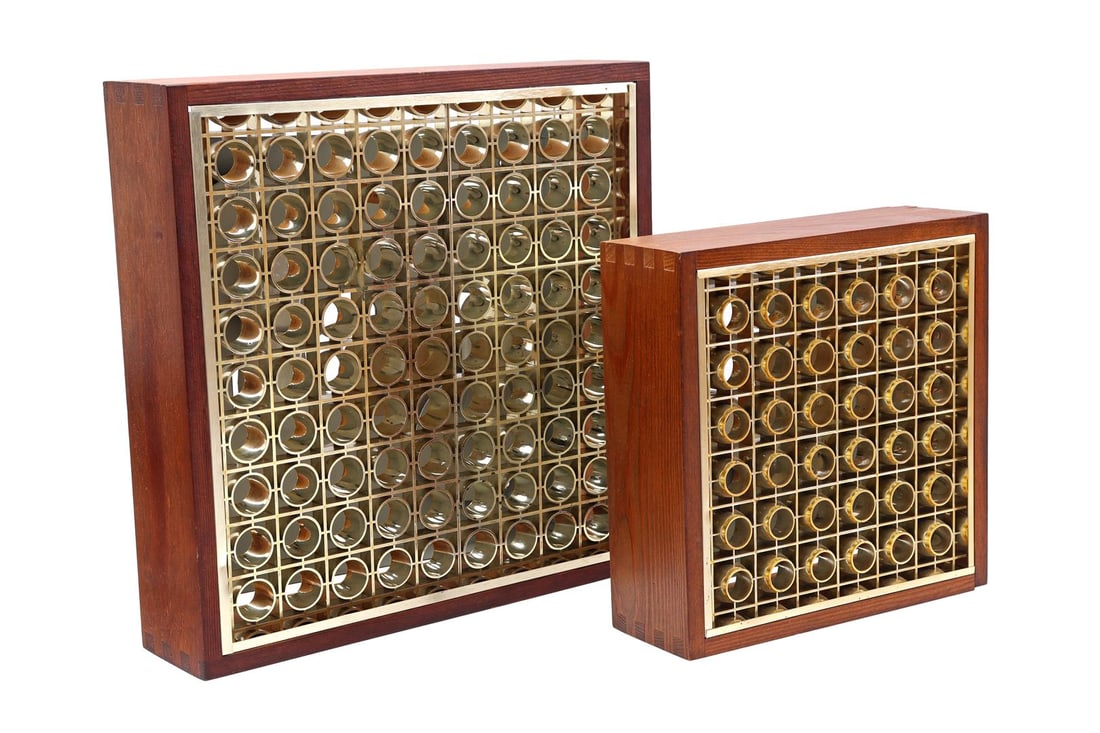 Fagerhults: 2 ceiling lamps in spruce wood cabinet with plastic perforated shade, manufactured by Fagerhults, Sweden, 1970s, 35x35 and 25x25 cm