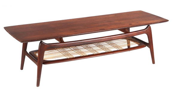 Louis van Teeffelen: Louis van Teeffelen (1921-1972)Teak coffee table with webbing under shelf, design Louis van Teeffelen for WÃ©bÃ©, underside table top stickered with WÃ©bÃ©, Netherlands 1960s, 42.5 cm high, to