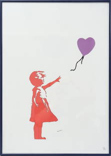 After Banksy: Print depicting Balloon Girl, after Banksy, lower right stamped P.O.W. Printmaking, 70x50 cm